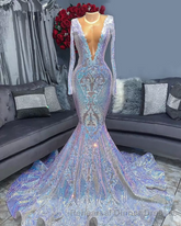 Hot Sparkle Sequin V neck Long sleeves Mermaid Semi Formal Prom Dresses